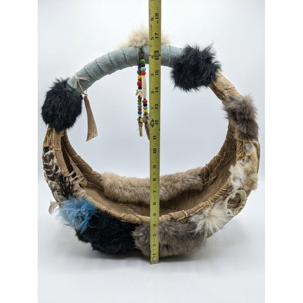 Vintage Hand-Woven Crescent Art Basket with Mixed Fur, Feathers & Beads - Picture 2 of 9